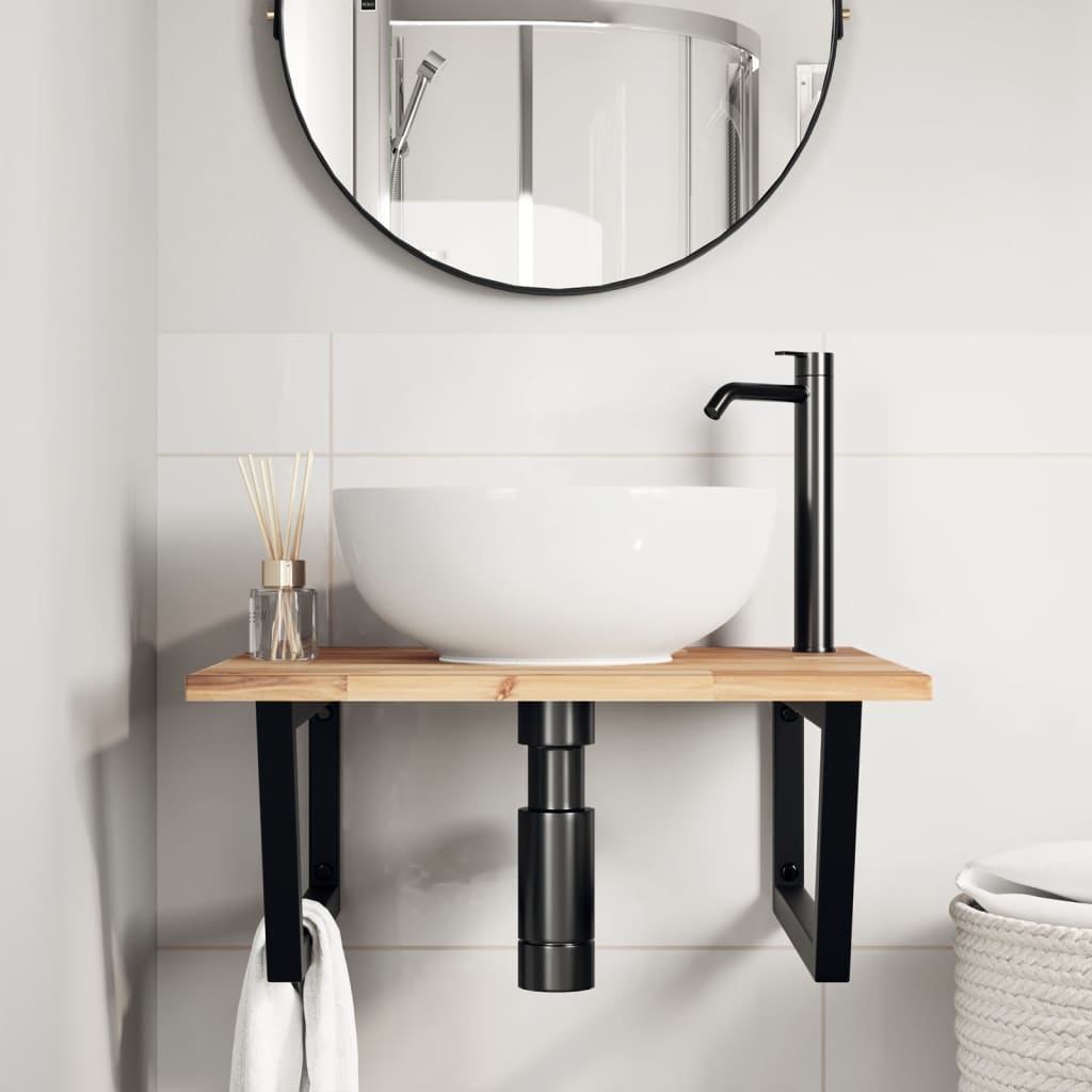 Basin Shelf Wall Mounted Steel and Solid Wood Acacia Trapezium Width 60 cm Brown and black 2 cm