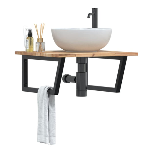 Basin Shelf Wall Mounted Steel and Solid Wood Acacia Trapezium Width 60 cm Brown and black 2 cm