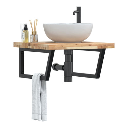 Basin Shelf Wall Mounted Steel and Solid Wood Acacia Trapezium Width 60 cm Brown and black 4 cm