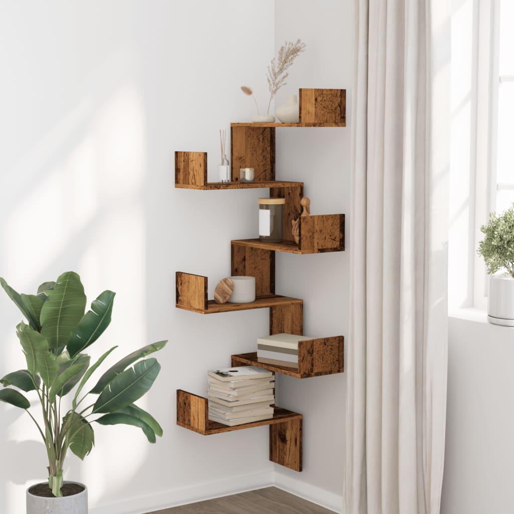 vidaXL Wall Corner Shelf Old Wood 45x45x147 cm Engineered Wood 3