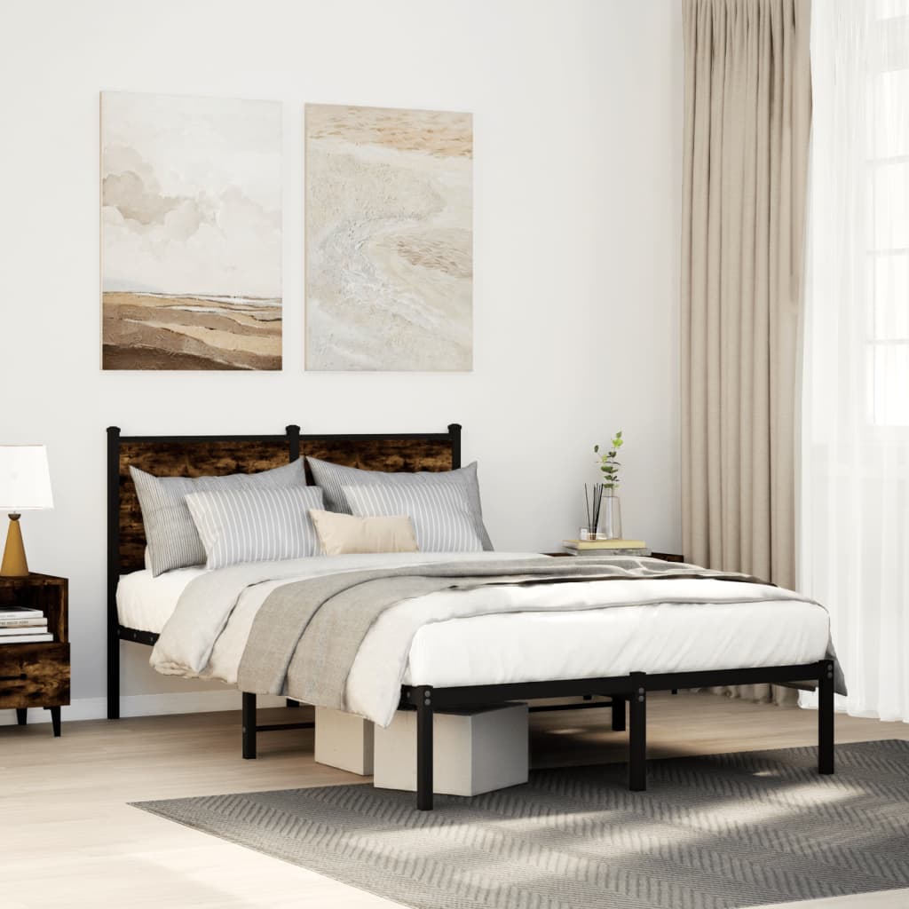 vidaXL Metal Bed Frame without Mattress Smoked oak Length 200 cm With headboard