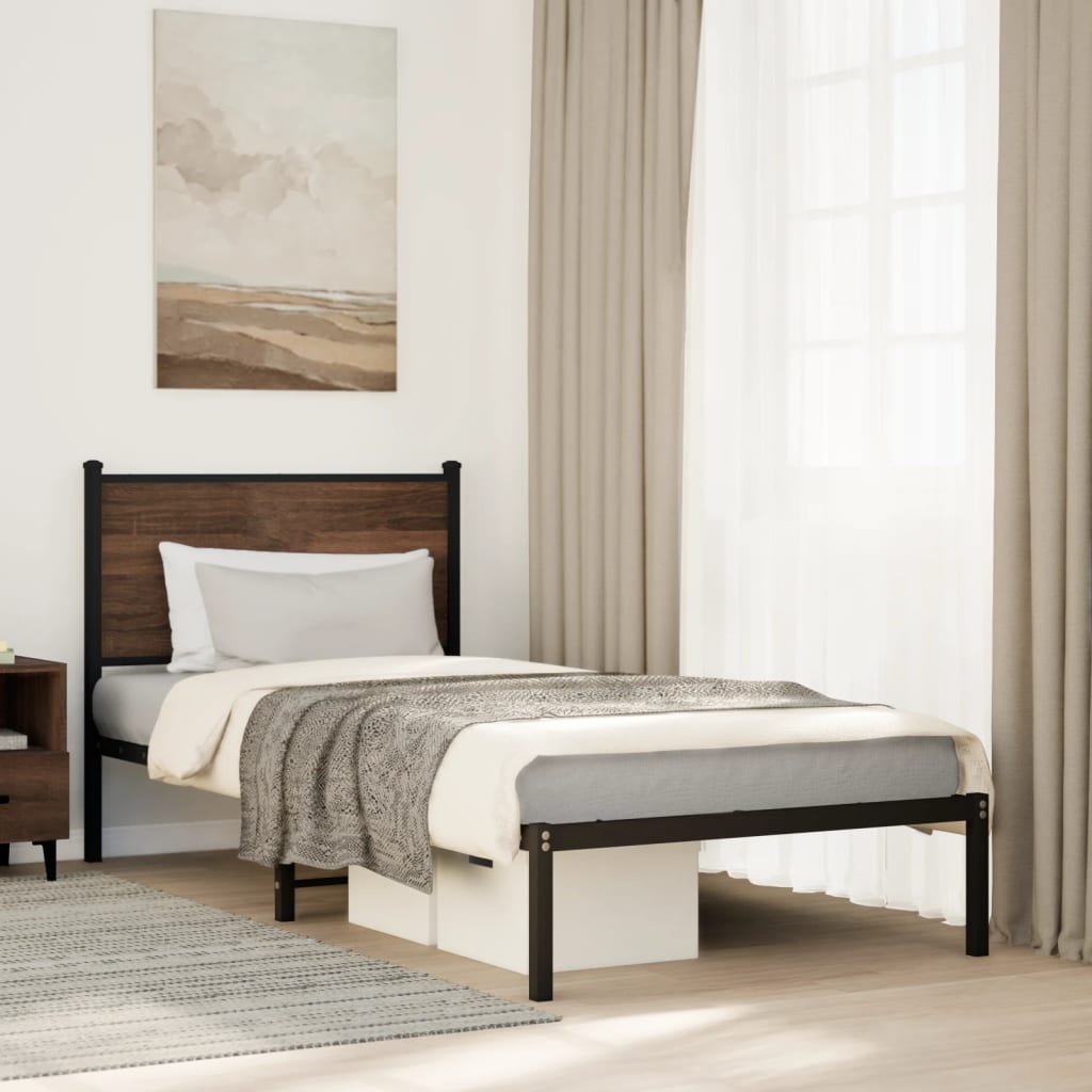 vidaXL Metal Bed Frame without Mattress Brown Oak 75x190 cm Small Single 1