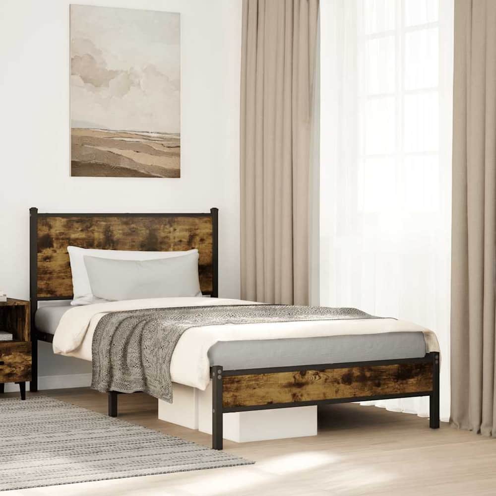 Metal Bed Frame without Mattress Smoked Oak Length 200 cm with Headboard & Low Footboard 100 cm