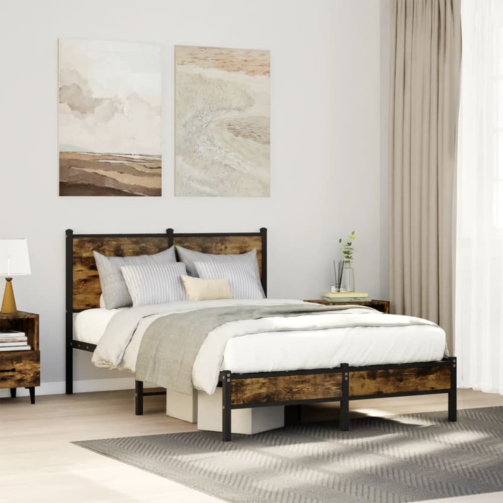 Metal Bed Frame without Mattress Smoked Oak Length 200 cm with Headboard & Low Footboard 120 cm