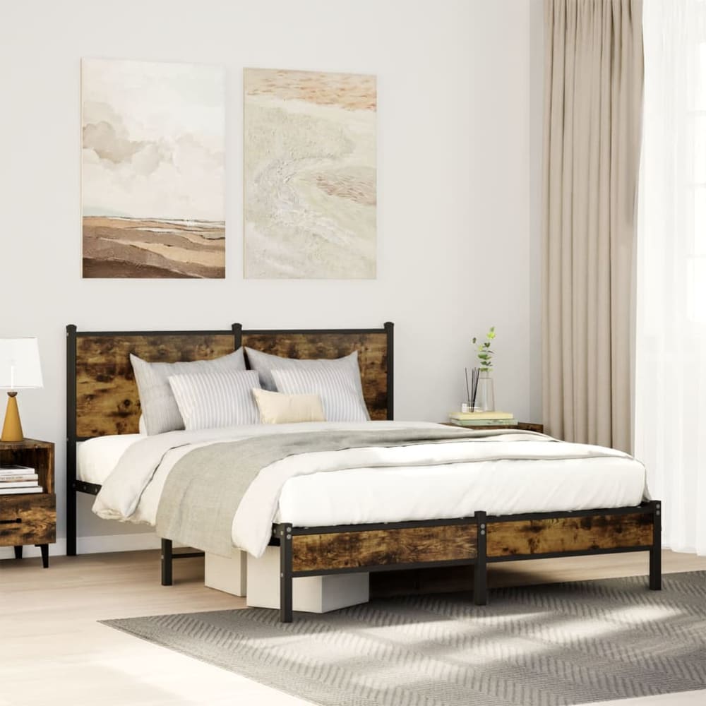 Metal Bed Frame without Mattress Smoked Oak Length 200 cm with Headboard & Low Footboard 150 cm