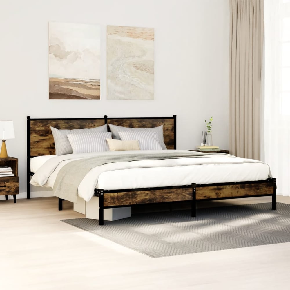 Metal Bed Frame without Mattress Smoked Oak Length 200 cm with Headboard & Low Footboard 160 cm