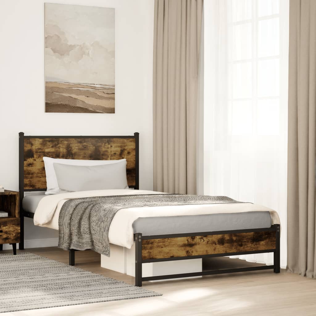 vidaXL Metal Bed Frame without Mattress Smoked oak Length 190 cm With headboard & dual low footboard