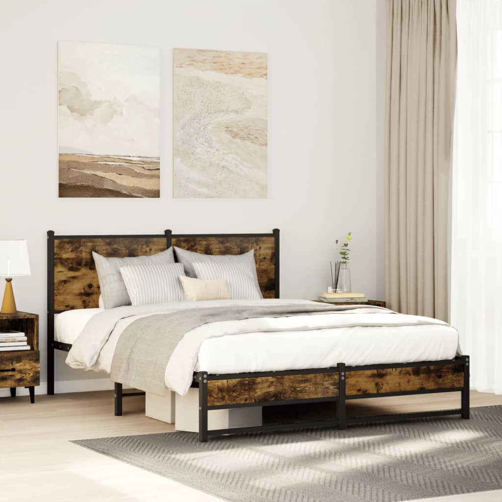 vidaXL Metal Bed Frame without Mattress Smoked oak Length 190 cm With headboard & dual low footboard