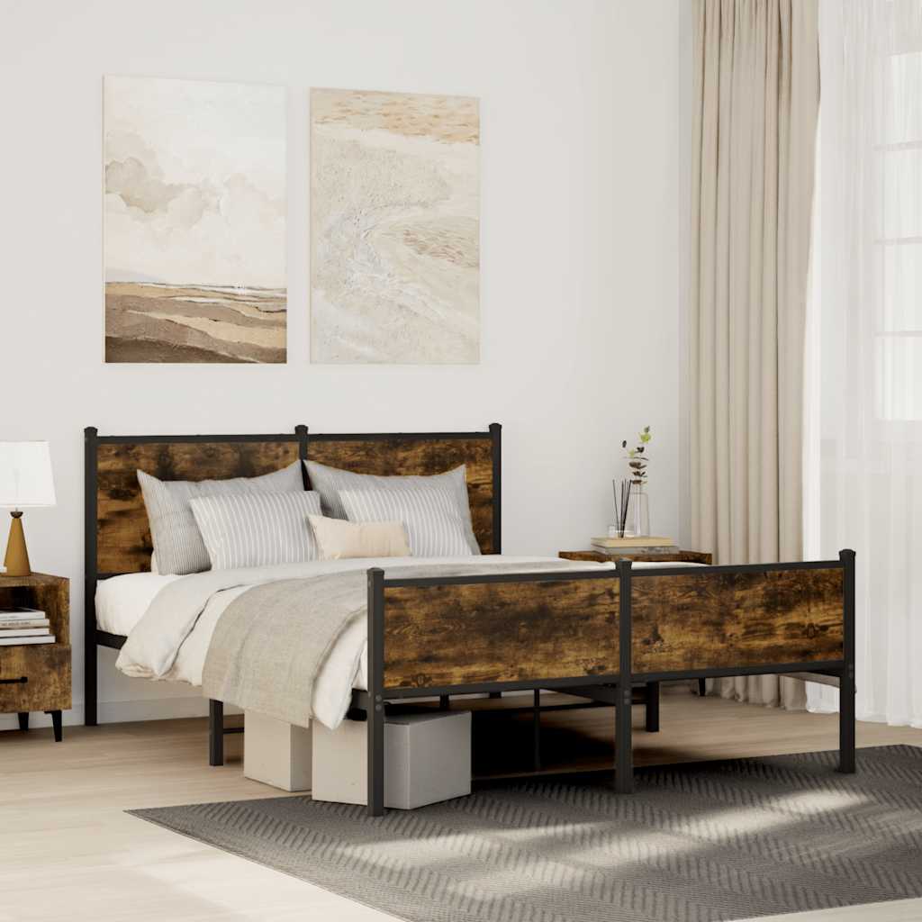 vidaXL Metal Bed Frame without Mattress Smoked Oak Length 200 cm with Headboard & High Footboard