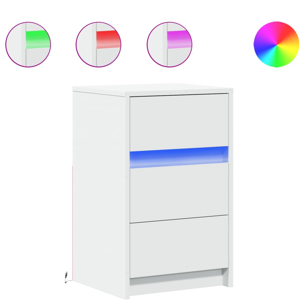 vidaXL Bedside Cabinet with LED Lights White Engineered Wood 2
