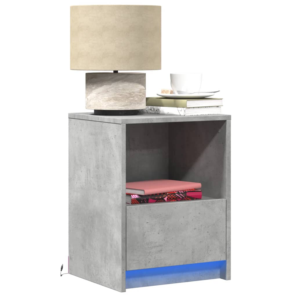 Bedside Cabinet with LED Lights Engineered Wood Concrete grey