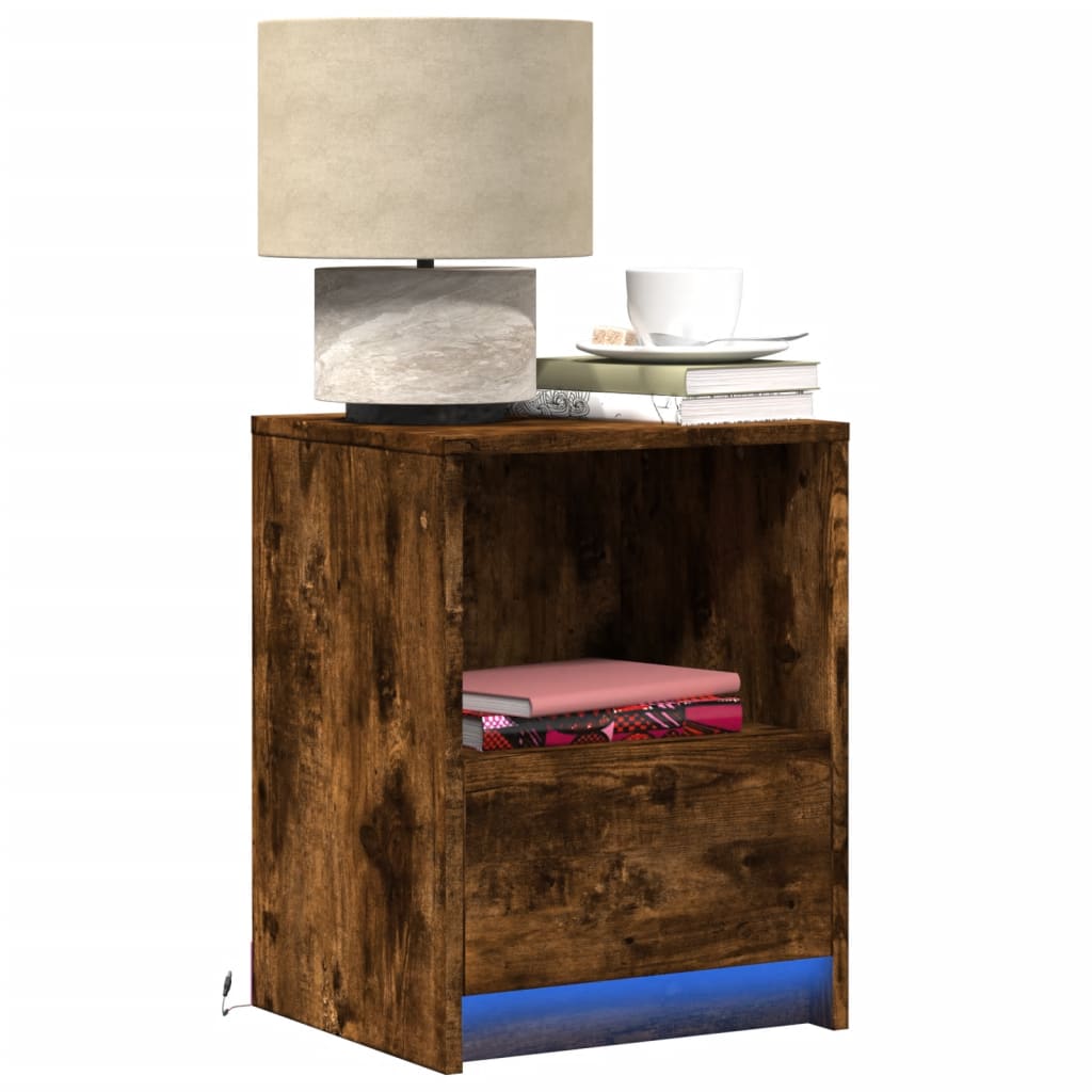vidaXL Bedside Cabinets with LED Lights 2 pcs Smoked Oak Engineered Wood 1