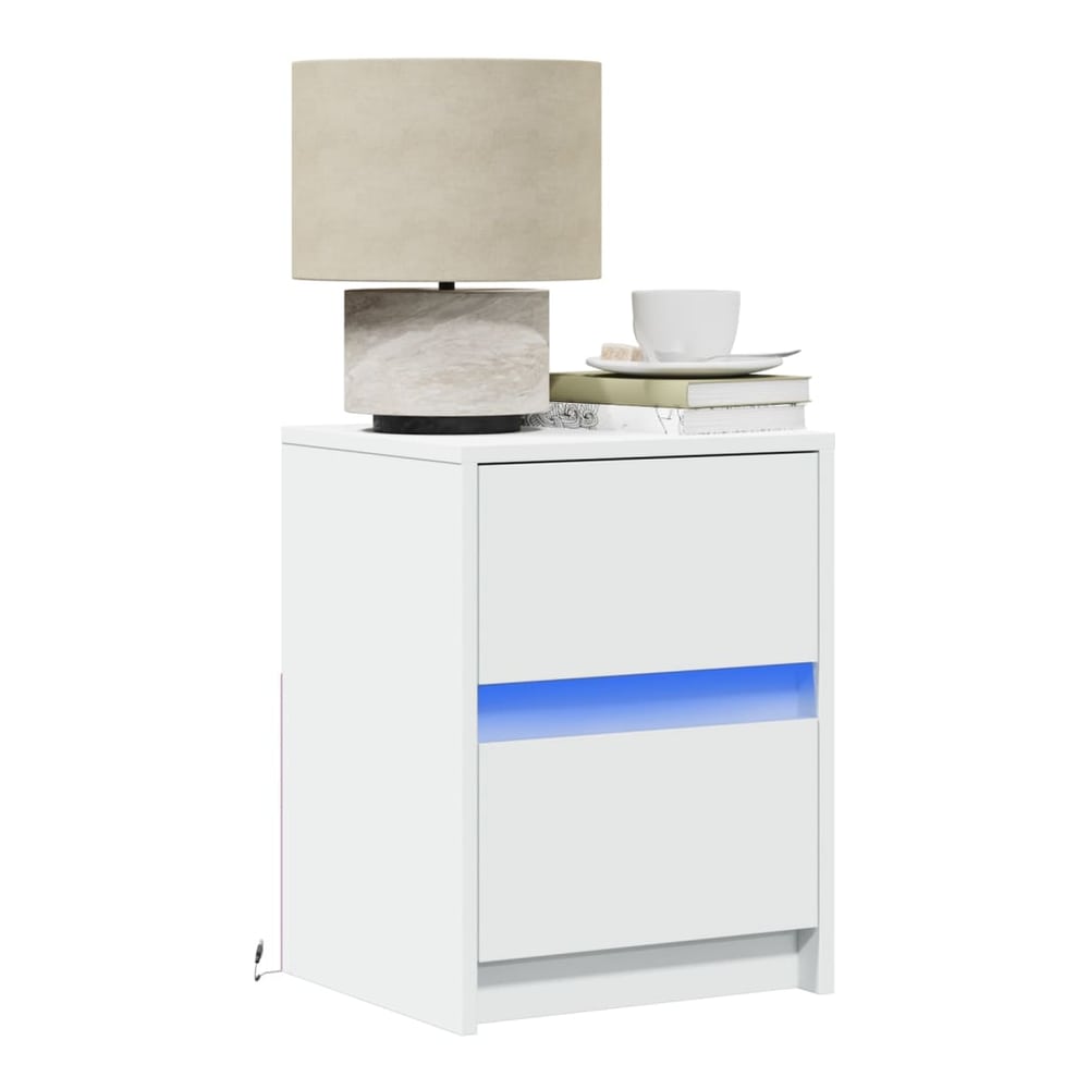 Bedside Cabinet with LED Lights Engineered Wood White 2