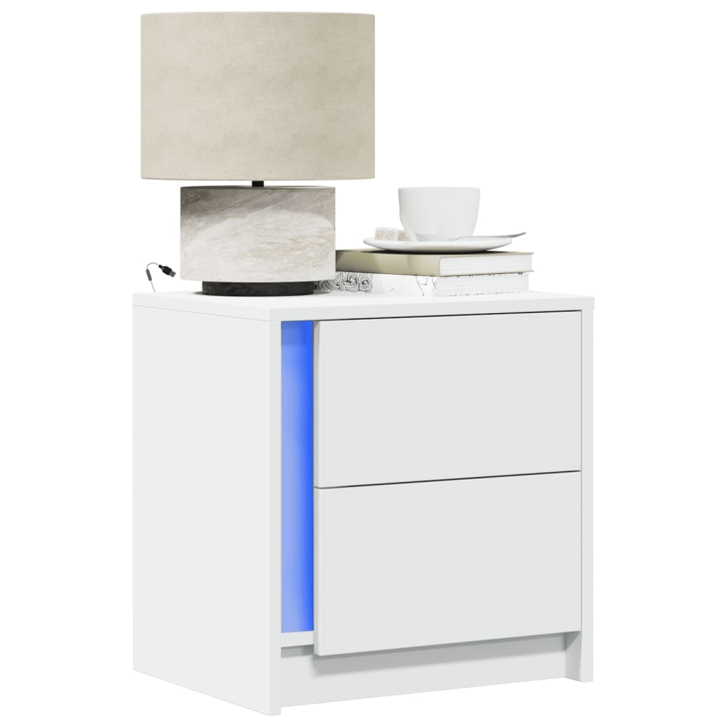 Bedside Cabinet with LED Lights Engineered Wood White 1