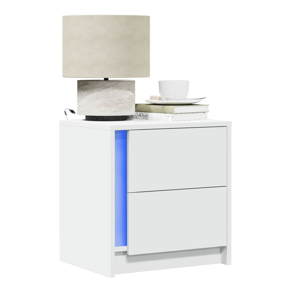 Bedside Cabinet with LED Lights Engineered Wood White 2