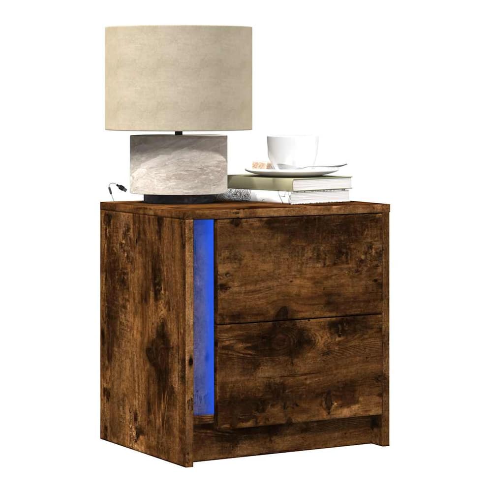 Bedside Cabinet with LED Lights Engineered Wood Smoked oak 2