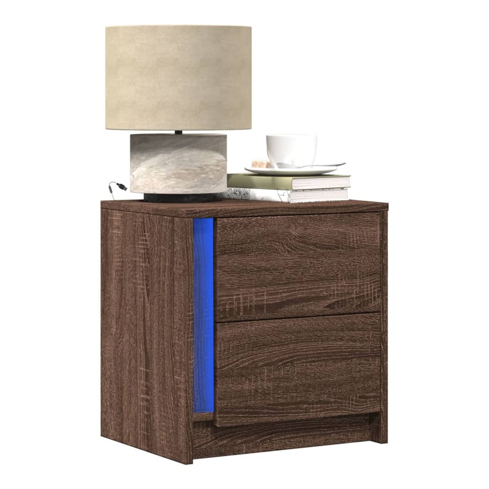 Bedside Cabinet with LED Lights Engineered Wood Brown oak 2