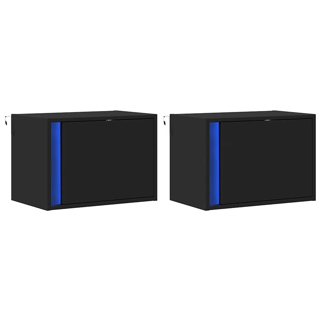 vidaXL Wall-mounted Bedside Cabinets with LED Lights 2 pcs Black 3