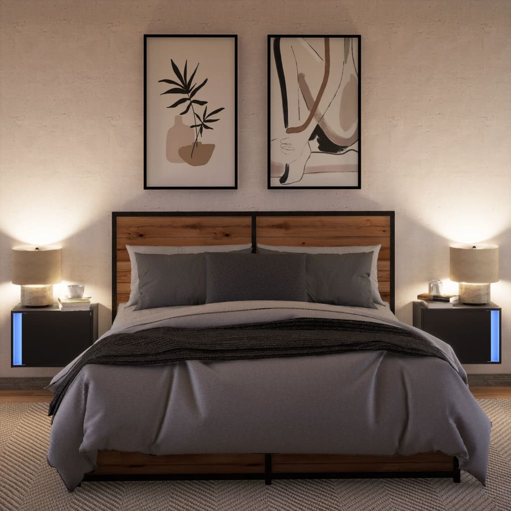 vidaXL Wall-mounted Bedside Cabinets with LED Lights 2 pcs Black 5