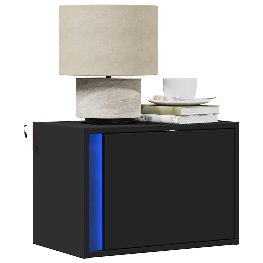 vidaXL Wall-mounted Bedside Cabinets with LED Lights 2 pcs Black 1