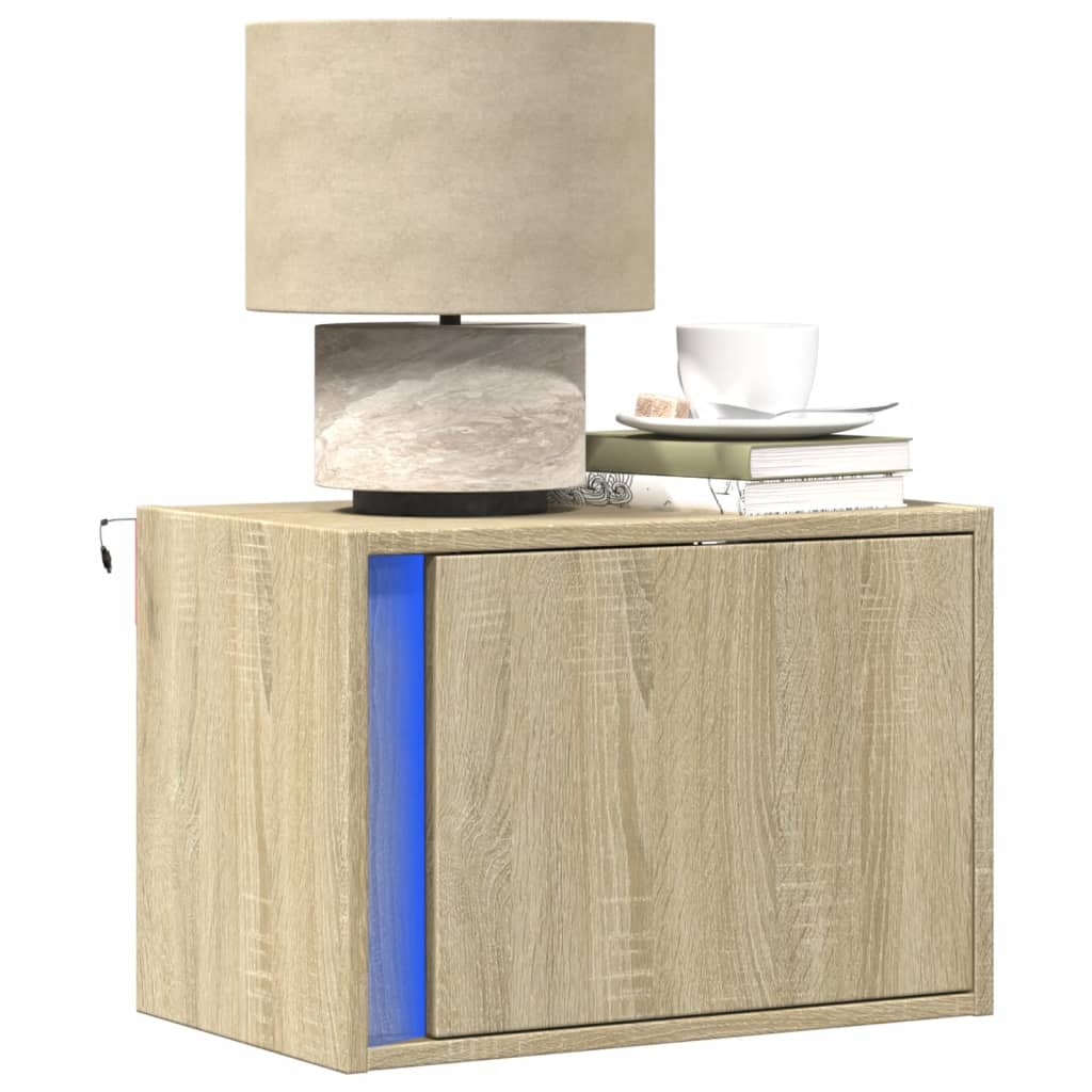 vidaXL Wall-mounted Bedside Cabinets with LED Lights 2 pcs Sonoma Oak 1