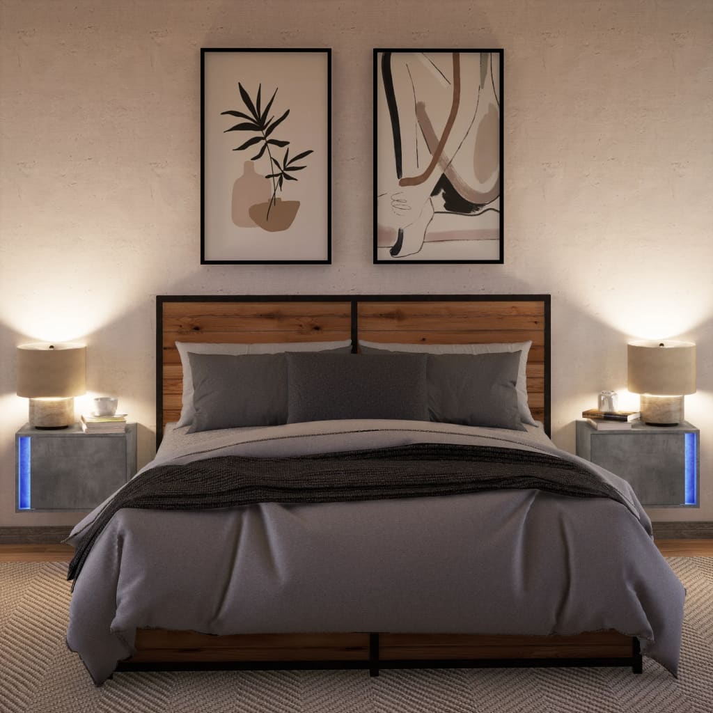 vidaXL Wall-mounted Bedside Cabinets with LED Lights 2 pcs Concrete Oak 5
