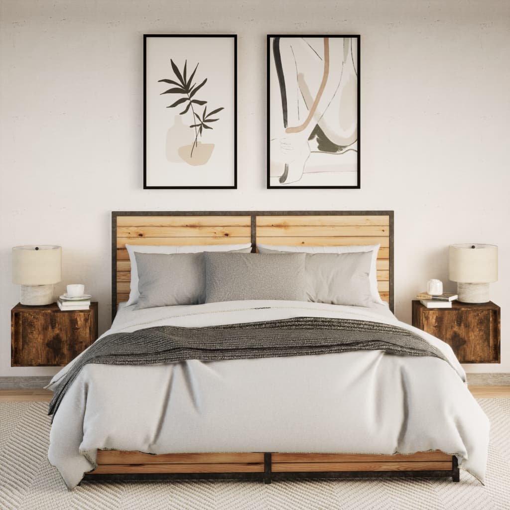 vidaXL Wall-mounted Bedside Cabinets with LED Lights 2 pcs Smoked Oak 4