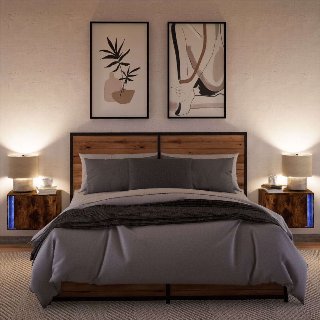 vidaXL Wall-mounted Bedside Cabinets with LED Lights 2 pcs Smoked Oak 5