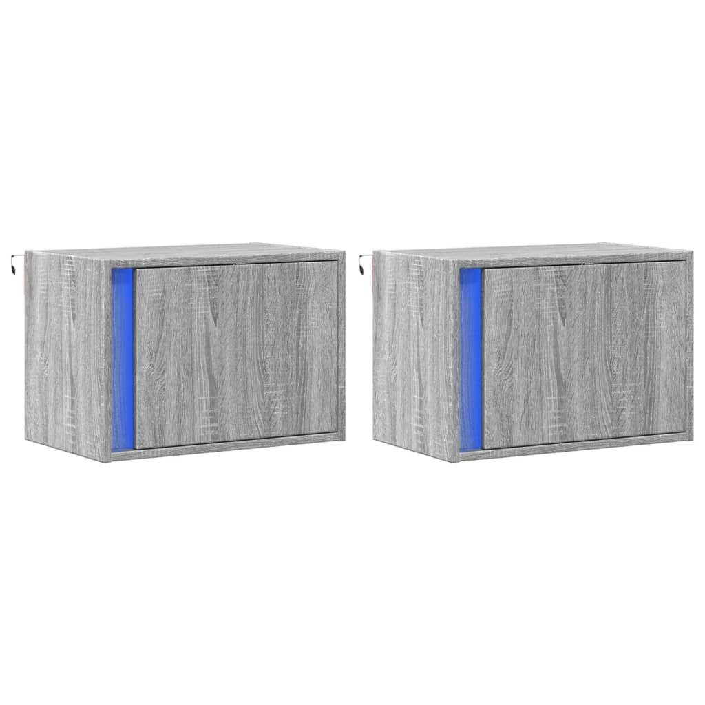 vidaXL Wall-mounted Bedside Cabinets with LED Lights 2 pcs Grey Sonoma 3