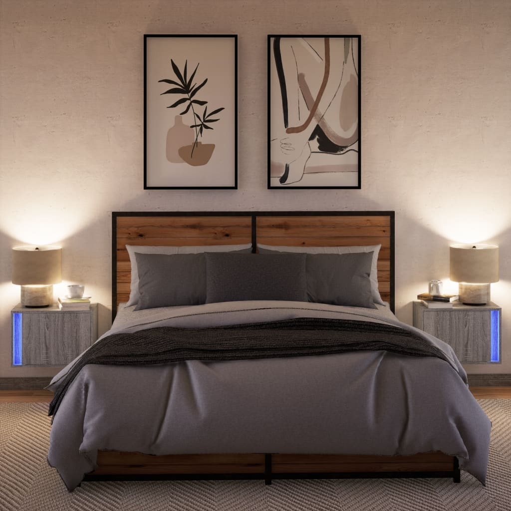 vidaXL Wall-mounted Bedside Cabinets with LED Lights 2 pcs Grey Sonoma 5