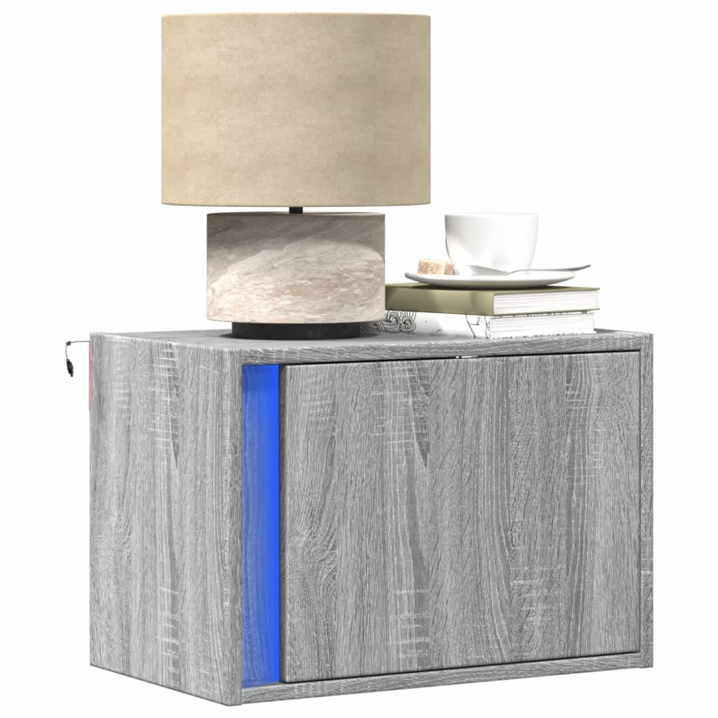 vidaXL Wall-mounted Bedside Cabinets with LED Lights 2 pcs Grey Sonoma 1