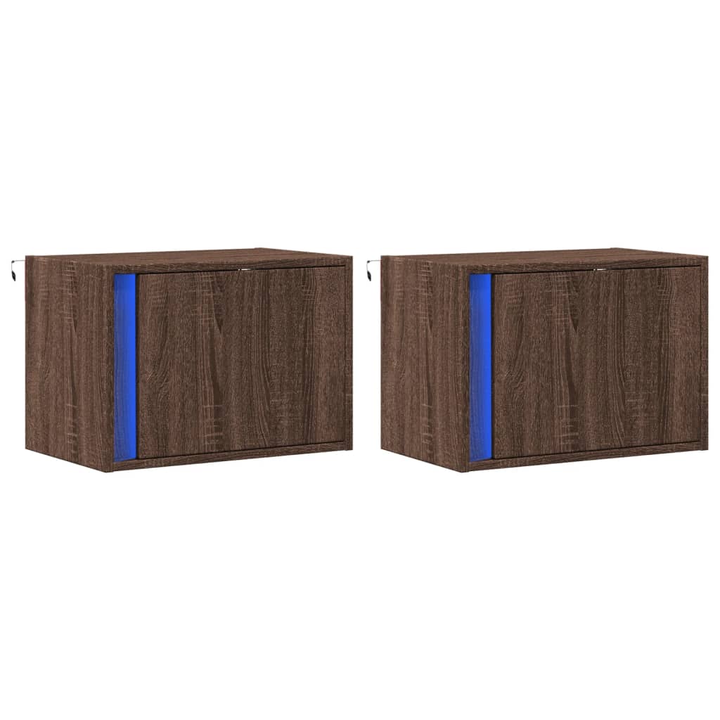 vidaXL Wall-mounted Bedside Cabinets with LED Lights 2 pcs Brown Oak 3