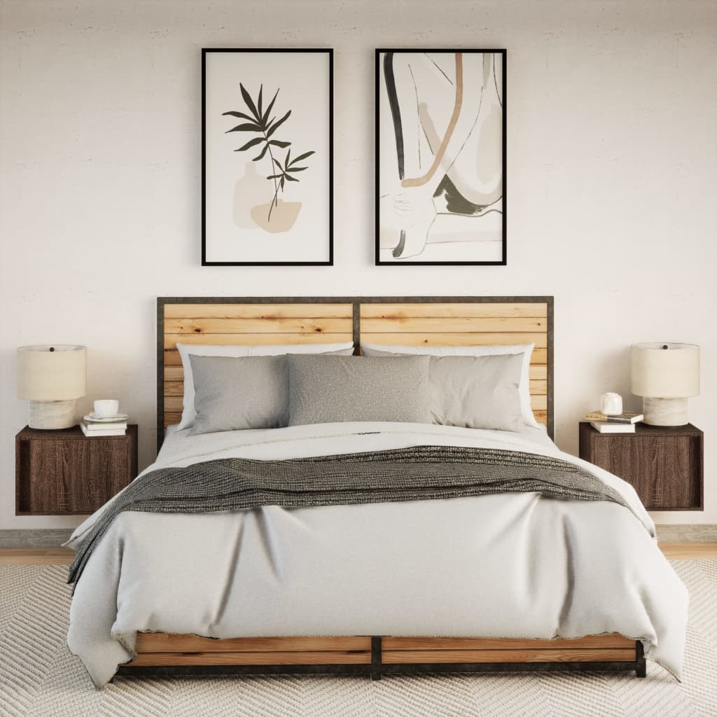 vidaXL Wall-mounted Bedside Cabinets with LED Lights 2 pcs Brown Oak 4