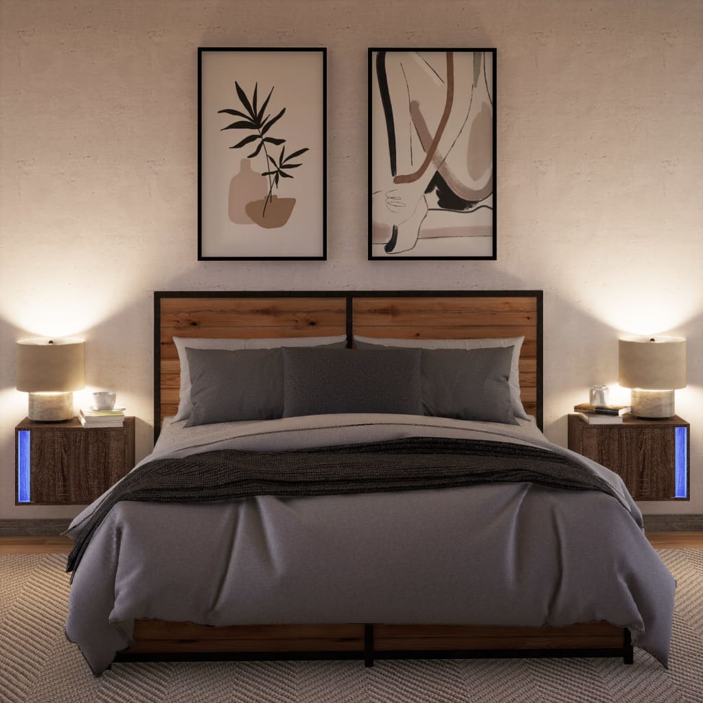 vidaXL Wall-mounted Bedside Cabinets with LED Lights 2 pcs Brown Oak 5