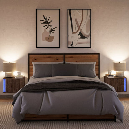 vidaXL Wall-mounted Bedside Cabinets with LED Lights 2 pcs Brown Oak 5