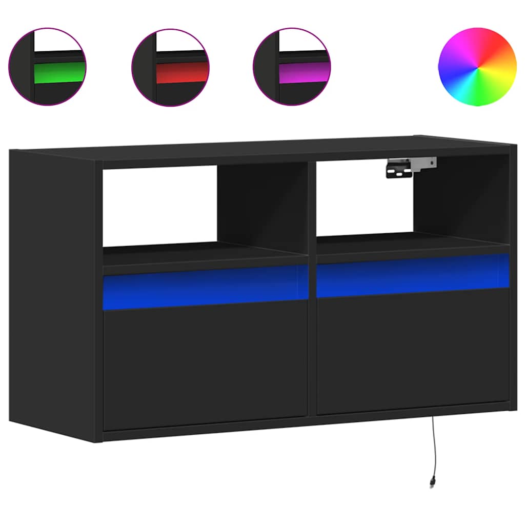 vidaXL TV Wall Cabinet with LED Lights Black 80x31x45 cm 2