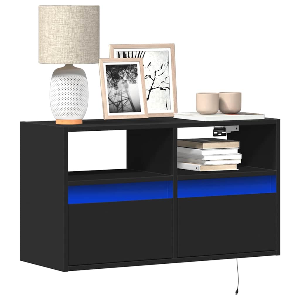 vidaXL TV Wall Cabinet with LED Lights Black 80x31x45 cm 1