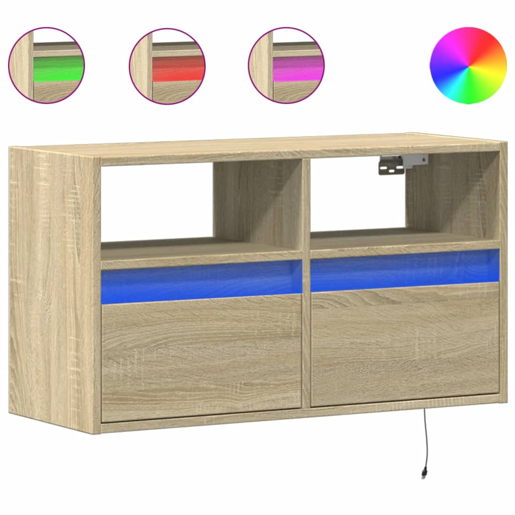 vidaXL TV Wall Cabinet with LED Lights Sonoma Oak 80x31x45 cm 2