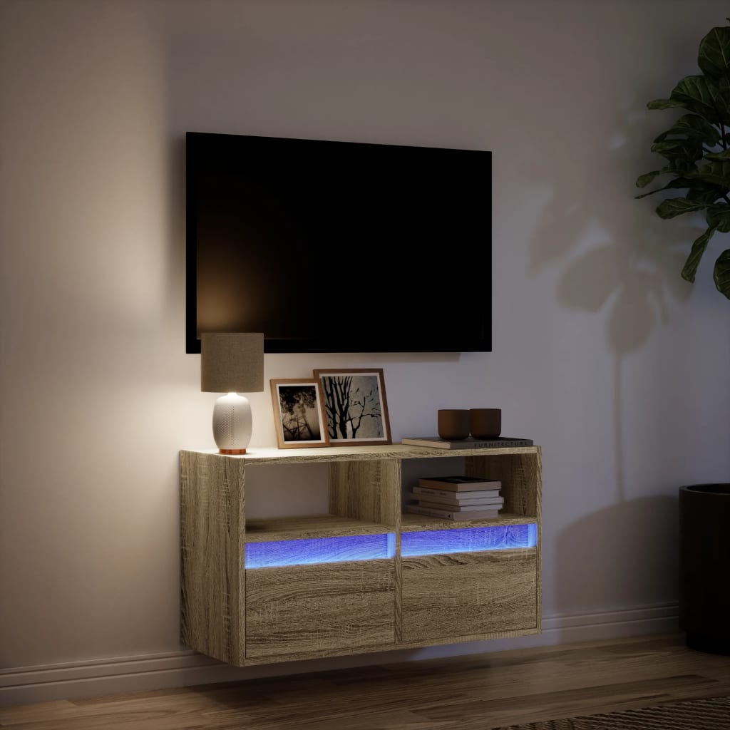 vidaXL TV Wall Cabinet with LED Lights Sonoma Oak 80x31x45 cm 5