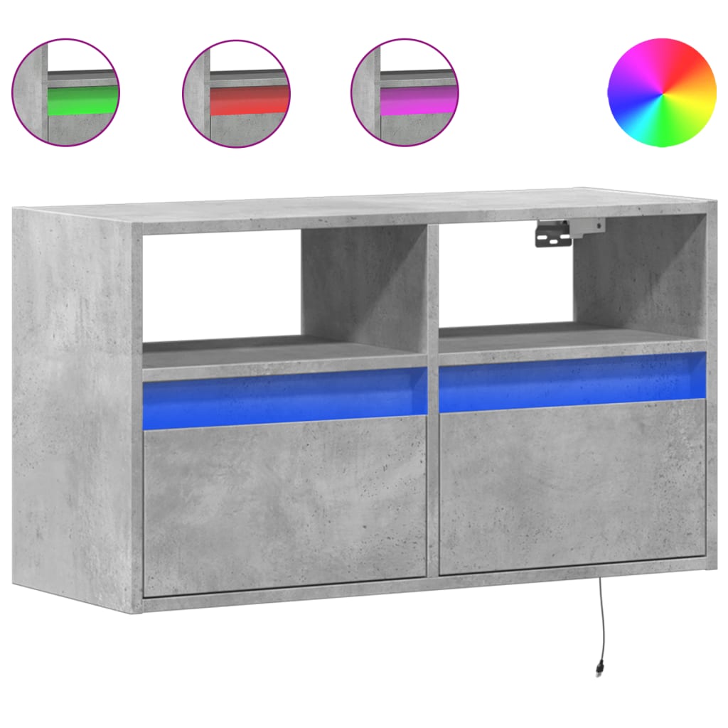 vidaXL TV Wall Cabinet with LED Lights Concrete Grey 80x31x45 cm 2