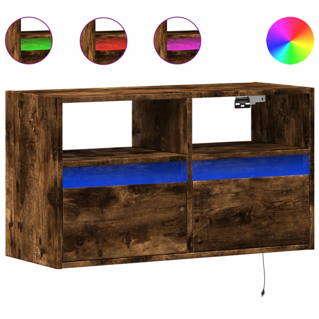 vidaXL TV Wall Cabinet with LED Lights Smoked Oak 80x31x45 cm 2