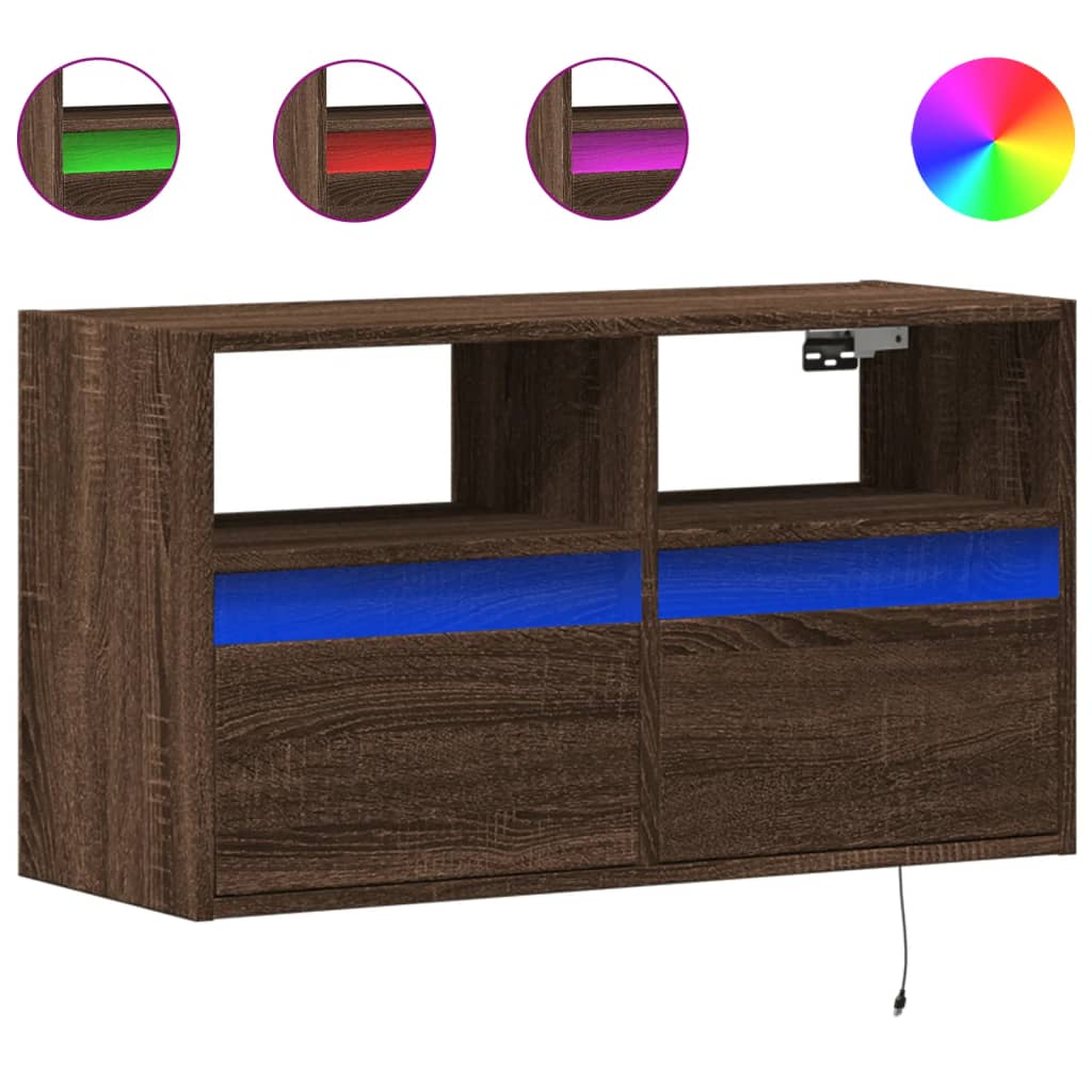 vidaXL TV Wall Cabinet with LED Lights Brown Oak 80x31x45 cm 2
