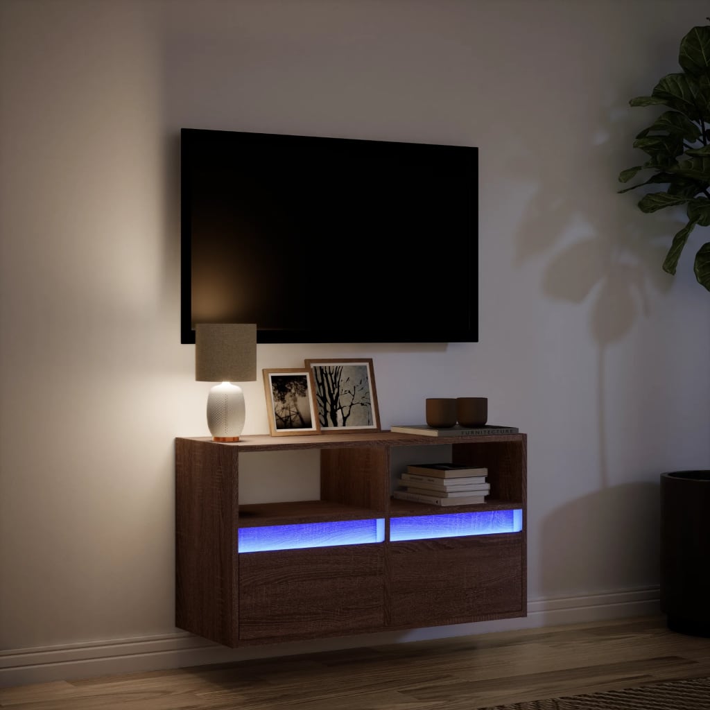 vidaXL TV Wall Cabinet with LED Lights Brown Oak 80x31x45 cm 5