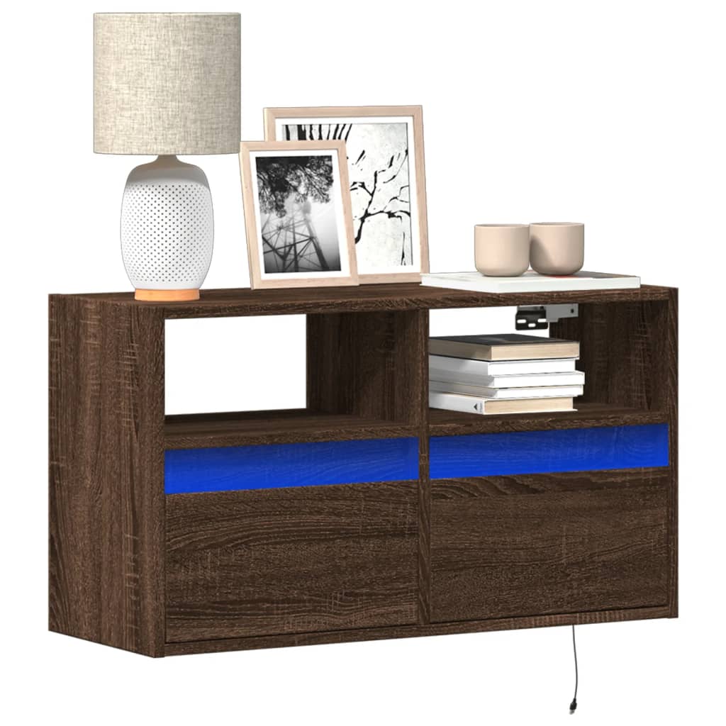 vidaXL TV Wall Cabinet with LED Lights Brown Oak 80x31x45 cm 1