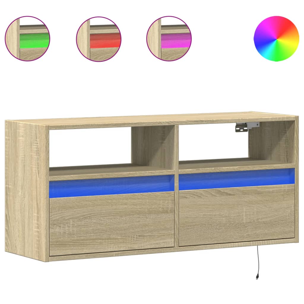 vidaXL TV Wall Cabinet with LED Lights Sonoma Oak 100x31x45 cm 2