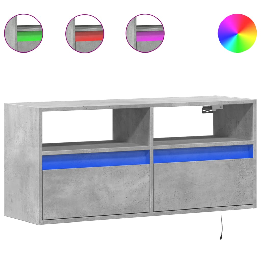 vidaXL TV Wall Cabinet with LED Lights Concrete Grey 100x31x45 cm 2