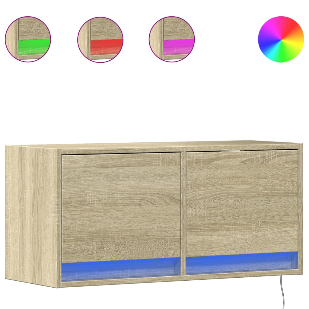 vidaXL TV Wall Cabinet with LED Lights Sonoma Oak 80x31x35 cm 2