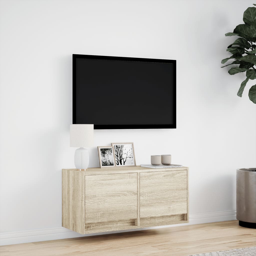 vidaXL TV Wall Cabinet with LED Lights Sonoma Oak 80x31x35 cm 4