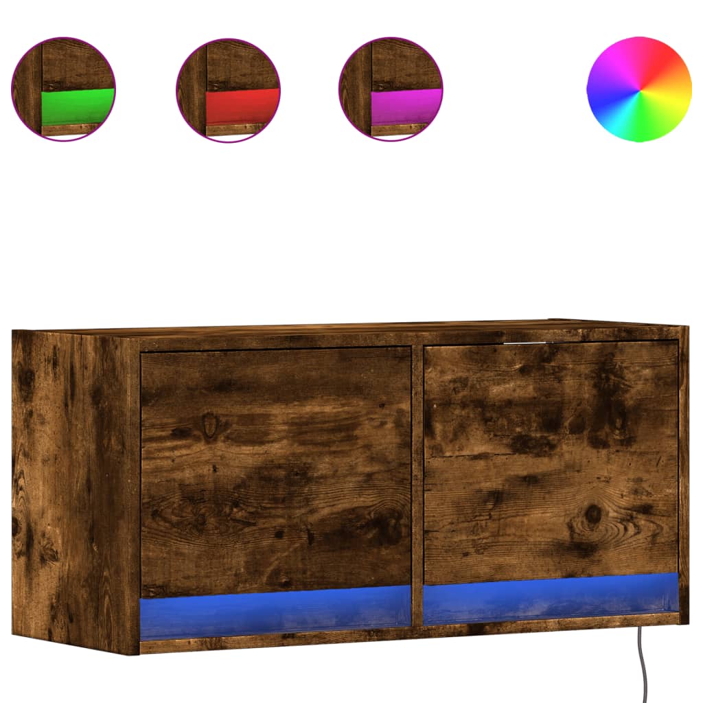 vidaXL TV Wall Cabinet with LED Lights Smoked Oak 80x31x35 cm 2