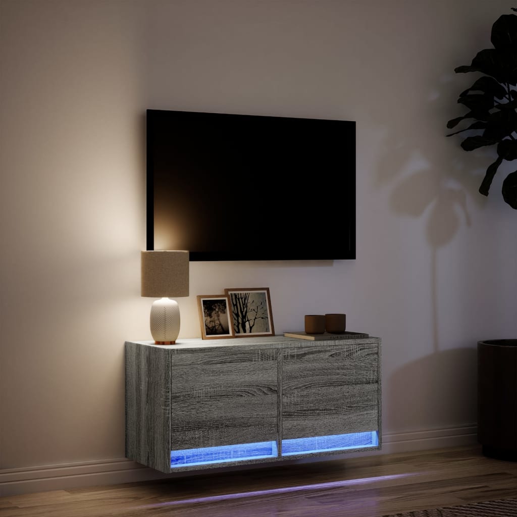 vidaXL TV Wall Cabinet with LED Lights Grey Sonoma 80x31x35 cm 5